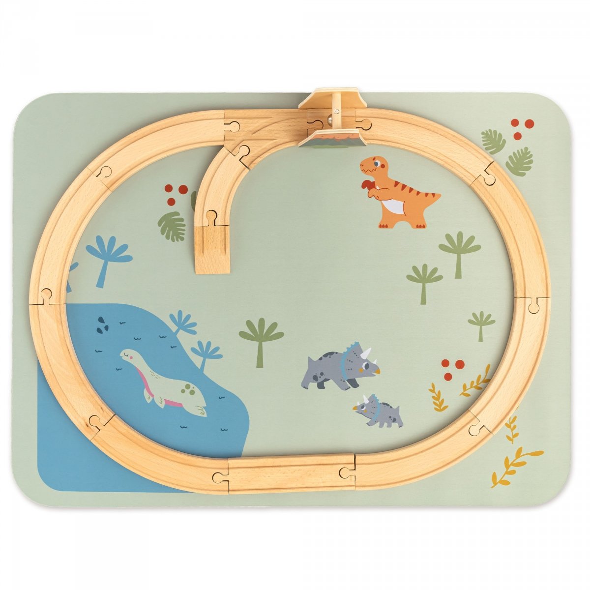 Drewniana kolejka Dino Park z matą antypoślizgową - dinozaury, pociąg, tory, wulkan, dzwoneczek