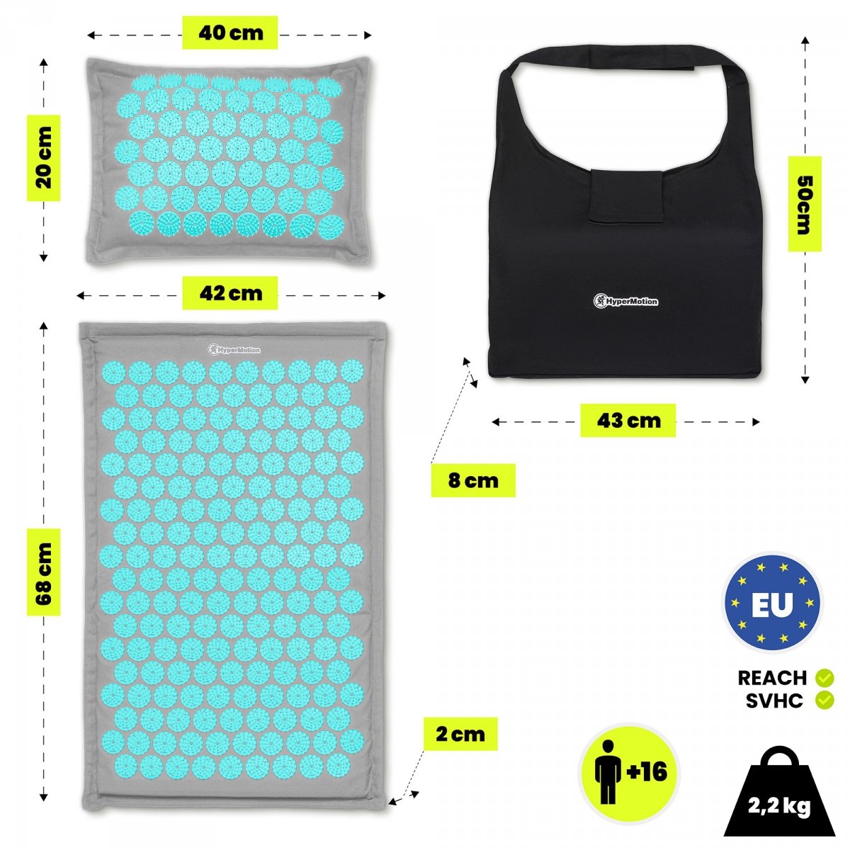 Mata do akupresury ECO lniana z włóknem kokosowym i poduszką z gryki – 68 cm HyperMotion szaro-miętowa