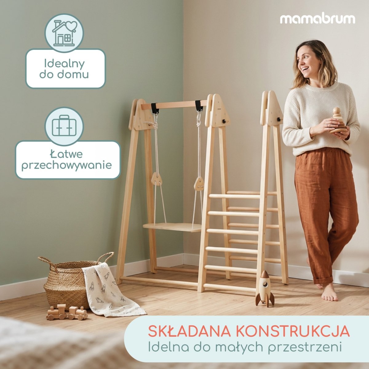 Drewniany domowy plac zabaw ze zjeżdżalnią, ścianką wspinaczkową i huśtawką