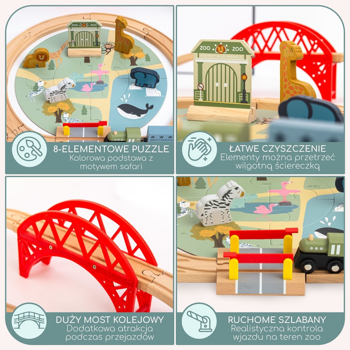 Drewniana kolejka ZOO – puzzle, pociąg, tory, zwierzęta, most, szlaban