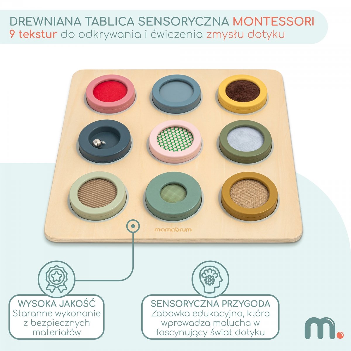Drewniana tablica sensoryczna Montessori – 9 tekstur do odkrywania i ćwiczenia zmysłu dotyku