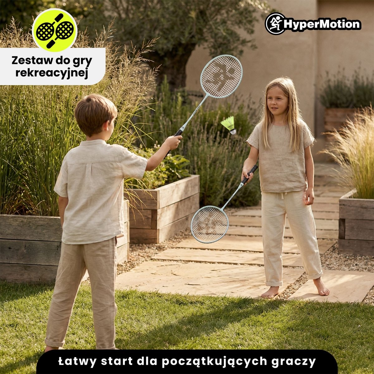 Zestaw rakiet do badmintona HyperMotion – 2 rakiety + pokrowiec, kolor szałwiowy