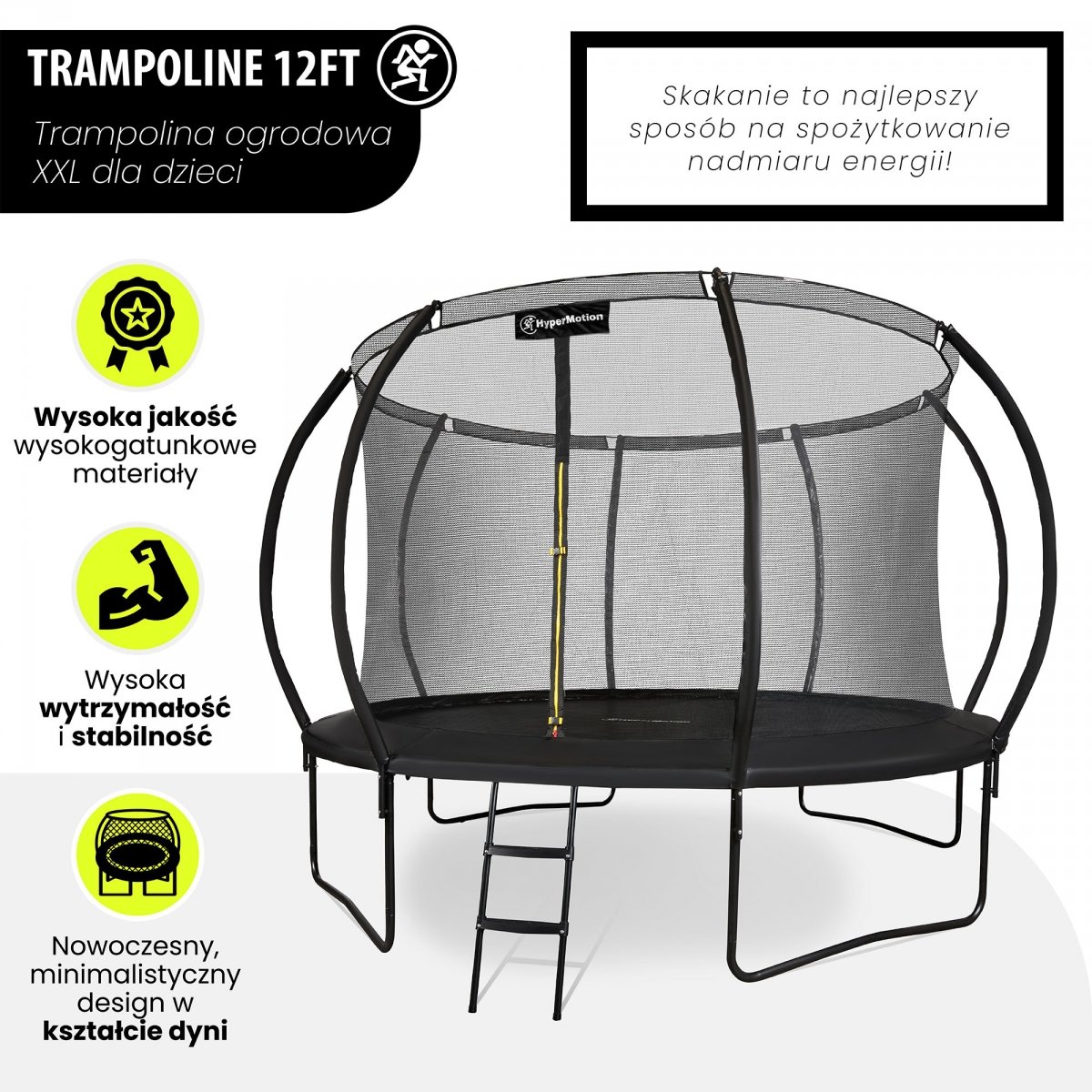 Trampolina ogrodowa XXL dla dzieci HyperMotion - 366 cm 12FT - z drabinką i siatką wewnętrzną - do domu i ogrodu - 150kg max
