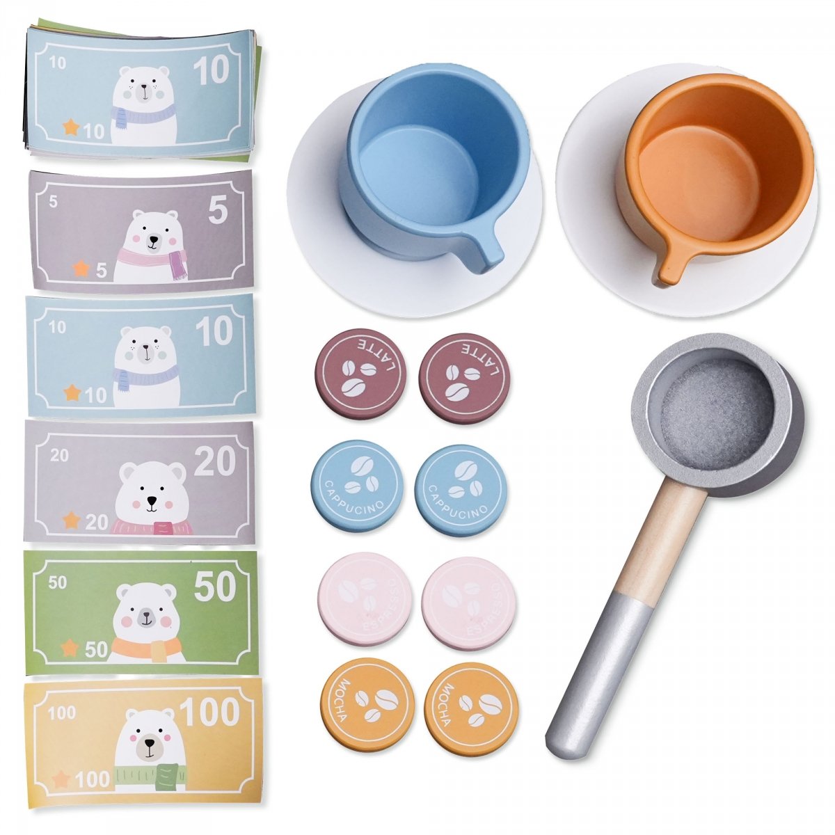 Duży, drewniany sklep XXXL dla dzieci z barem szybkiej obsługi - Narożny sklep + Ekspres do kawy + Piekarnik + Lodówka - 106 akc.