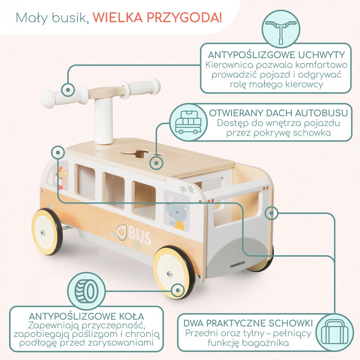 Drewniany jeździk Busik dla dzieci – Autobus z schowkami i przestrzenią na pluszaki