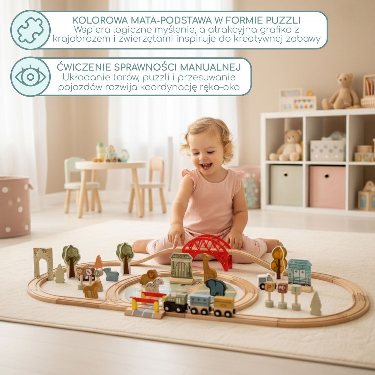 Drewniana kolejka ZOO – puzzle, pociąg, tory, zwierzęta, most, szlaban