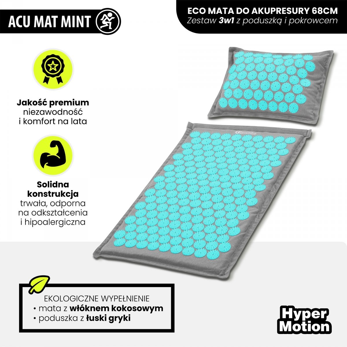 Mata do akupresury ECO lniana z włóknem kokosowym i poduszką z gryki – 68 cm HyperMotion szaro-miętowa