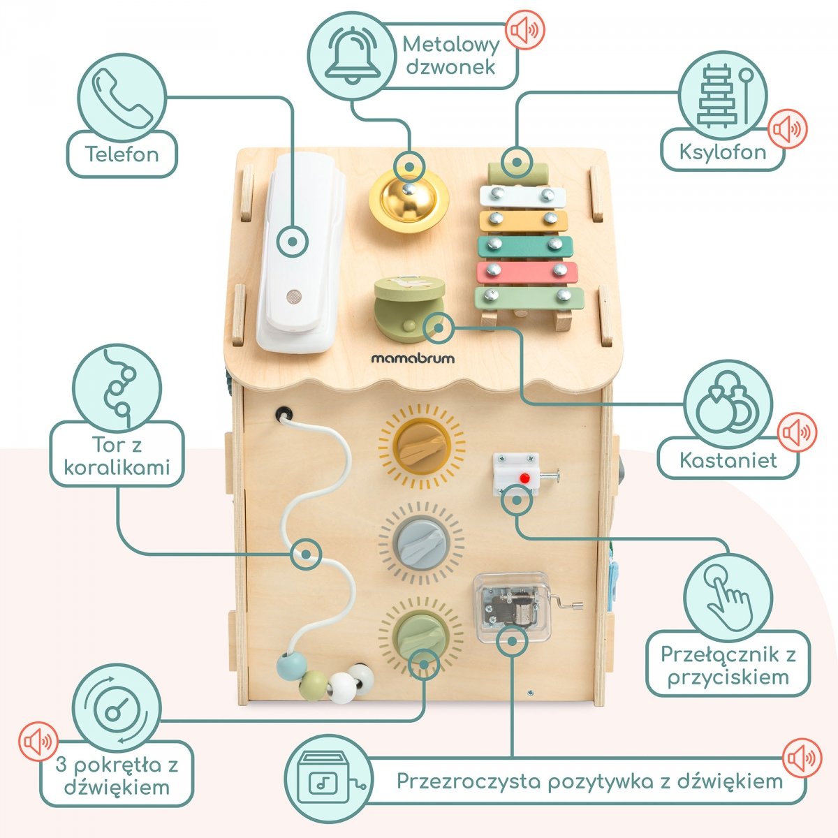 Drewniany, edukacyjny domek aktywności Montessori 6 w 1- sensoryczna tablica manipulacyjna