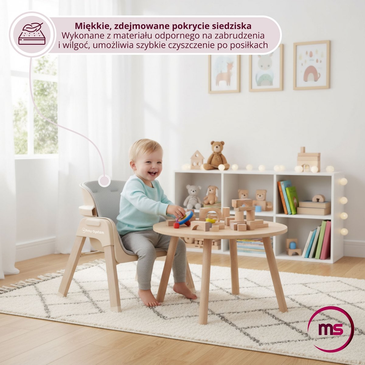 Składane krzesełko do karmienia Lumo 3w1, dwupoziomowe dla dziecka - Moby-System beżowe