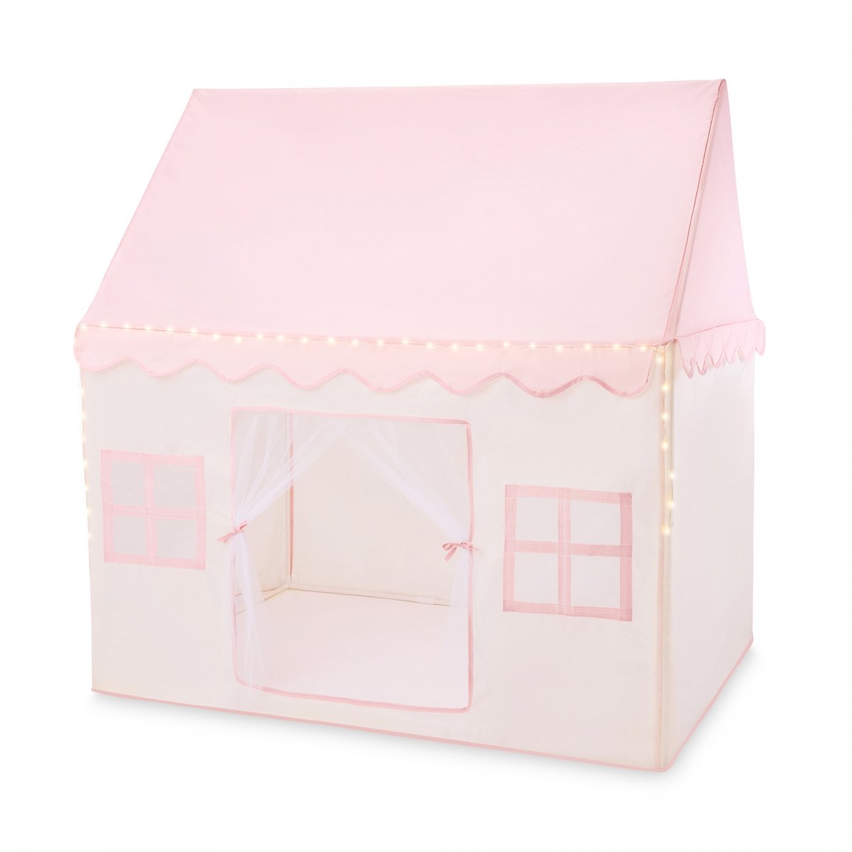 Domek składany XXL - namiot dla dzieci do zabawy, zamek z oknami, do pokoju i ogrodu, z lampkami LED - różowy
