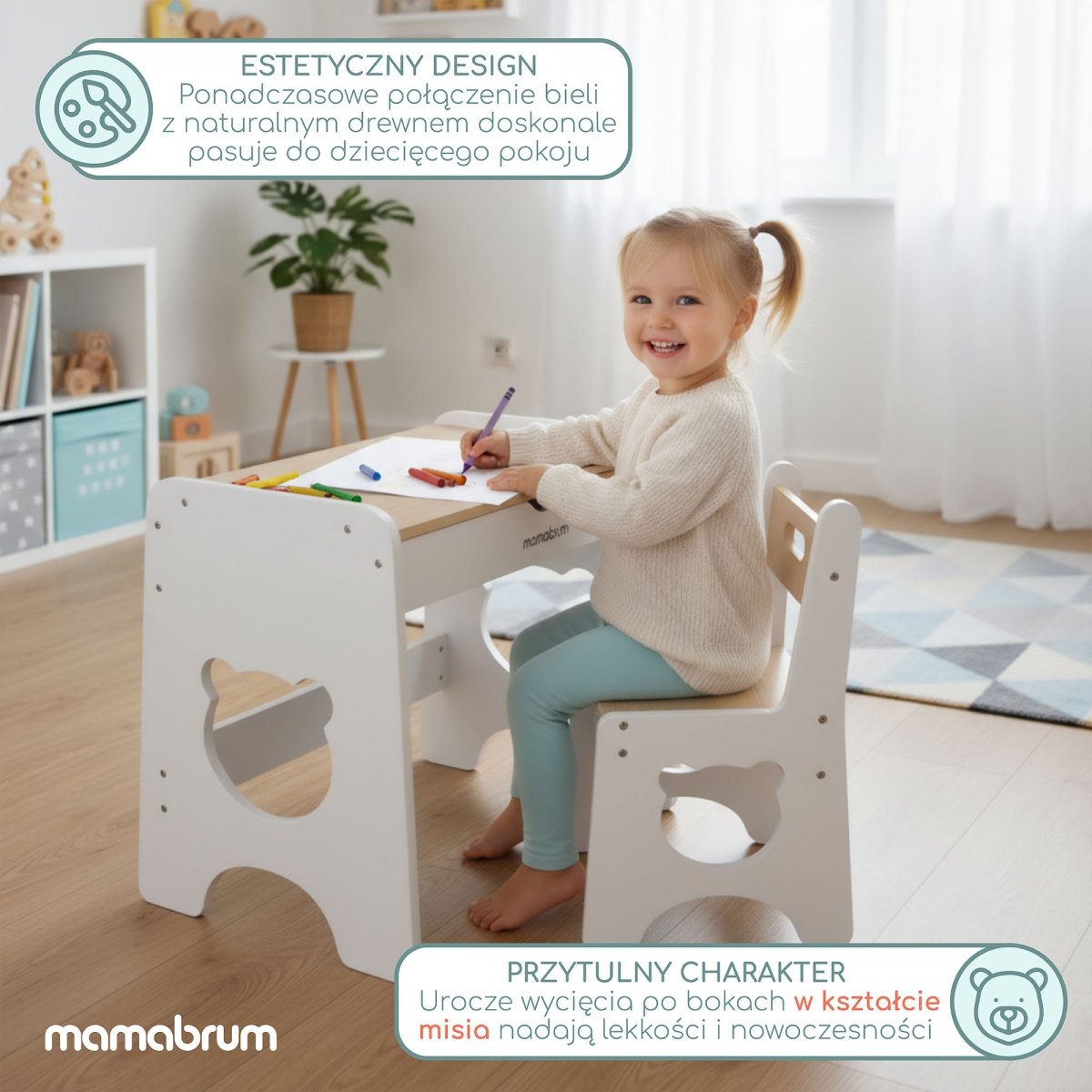 Zestaw dla dzieci - biały, drewniany stolik - biurko z szufladą i krzesełkiem - Miś