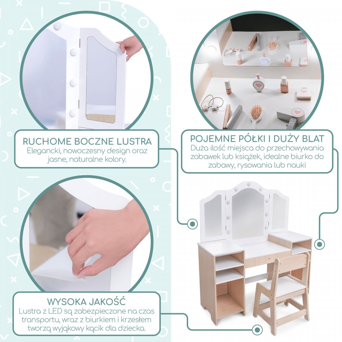 Drewniana toaletka dla dzieci z krzesłem, akcesoriami i oświetleniem LED