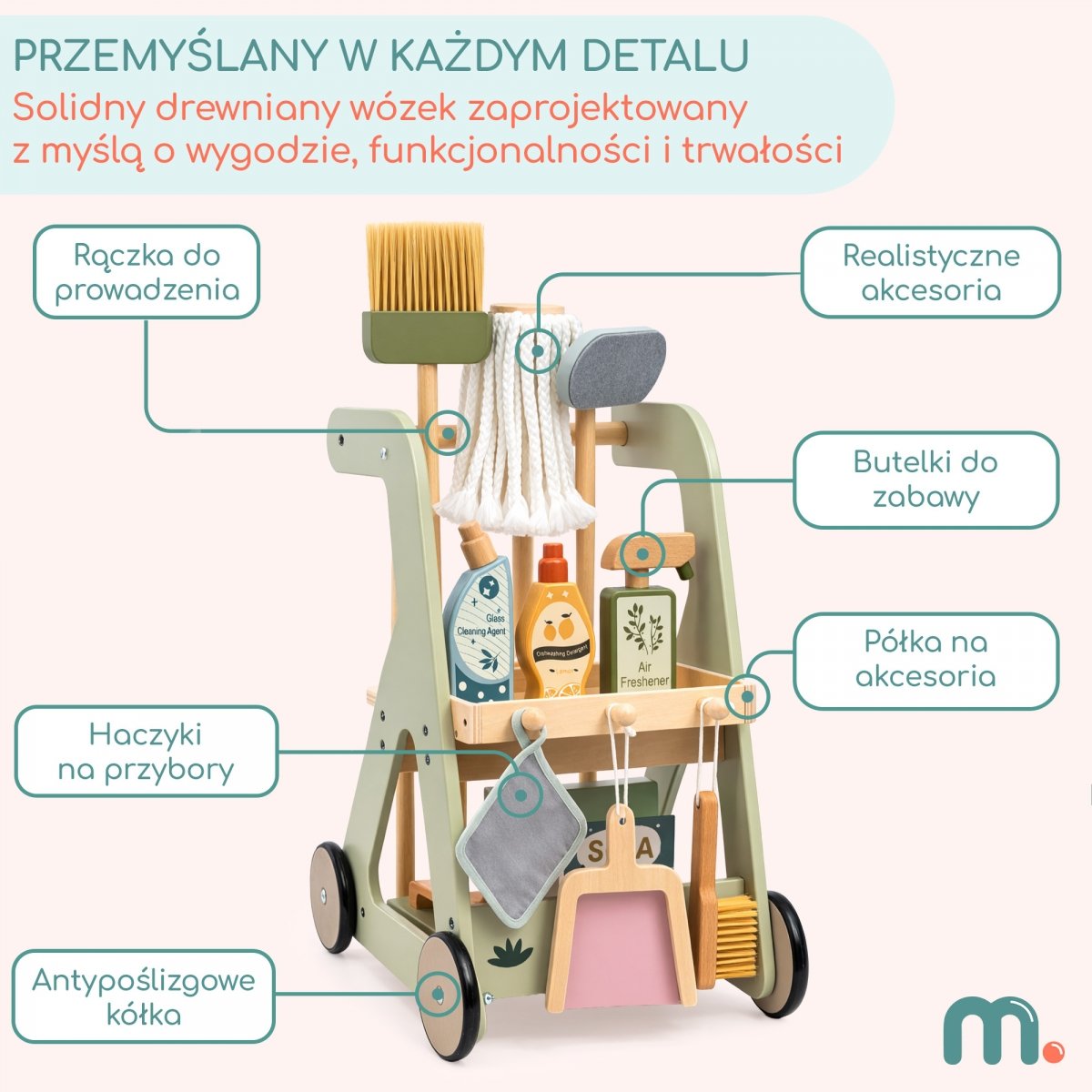 Drewniany wózek do sprzątania na kółkach dla dzieci