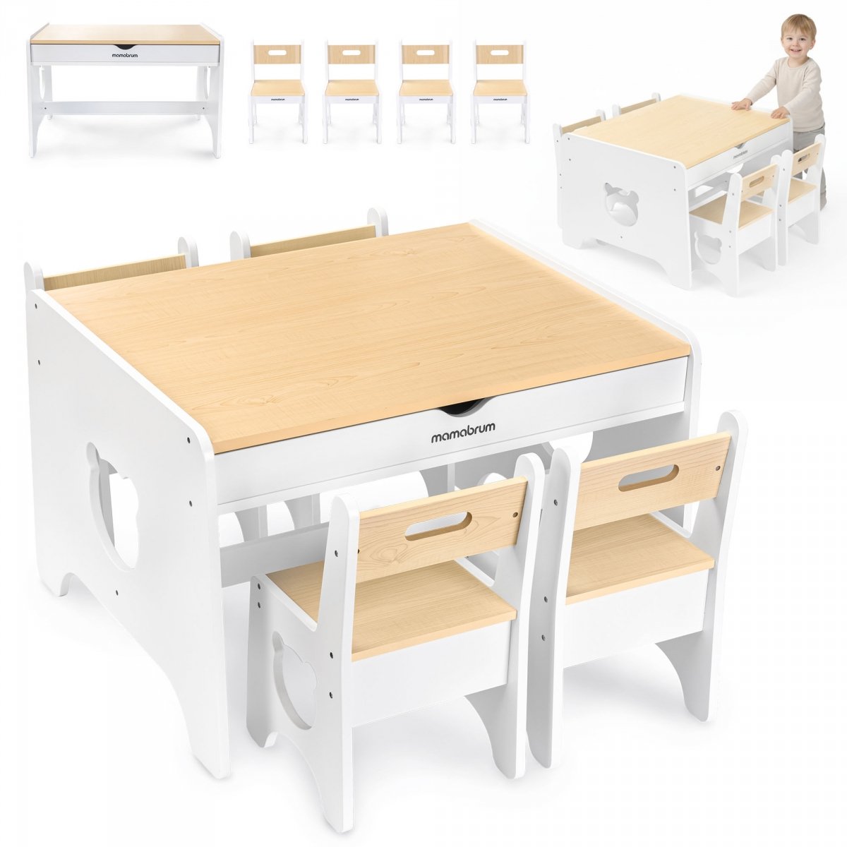 Duży zestaw mebli dla dzieci - biały, drewniany stolik - biurko, dwie szuflady + 4 krzesełka - Miś
