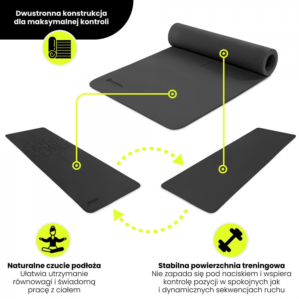 Mata do jogi i ćwiczeń HyperMotion Lotos TPE 6 mm z paskiem – 183 × 61 cm – czarna