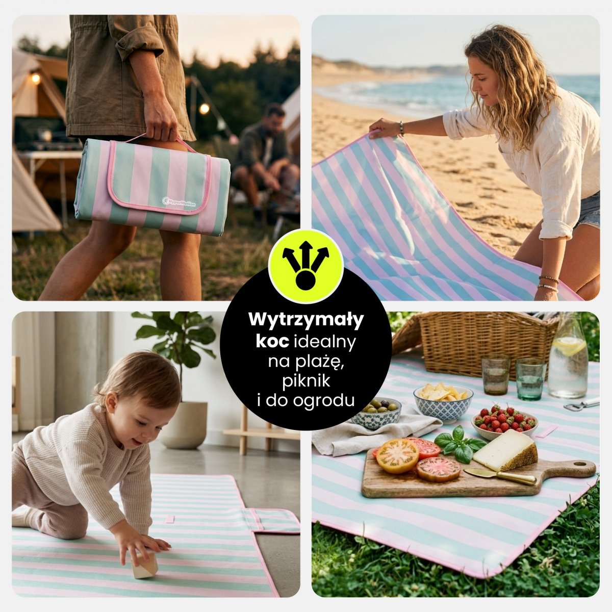 Koc plażowy piknikowy 150×200 cm - HyperMotion – różowo-zielone paski