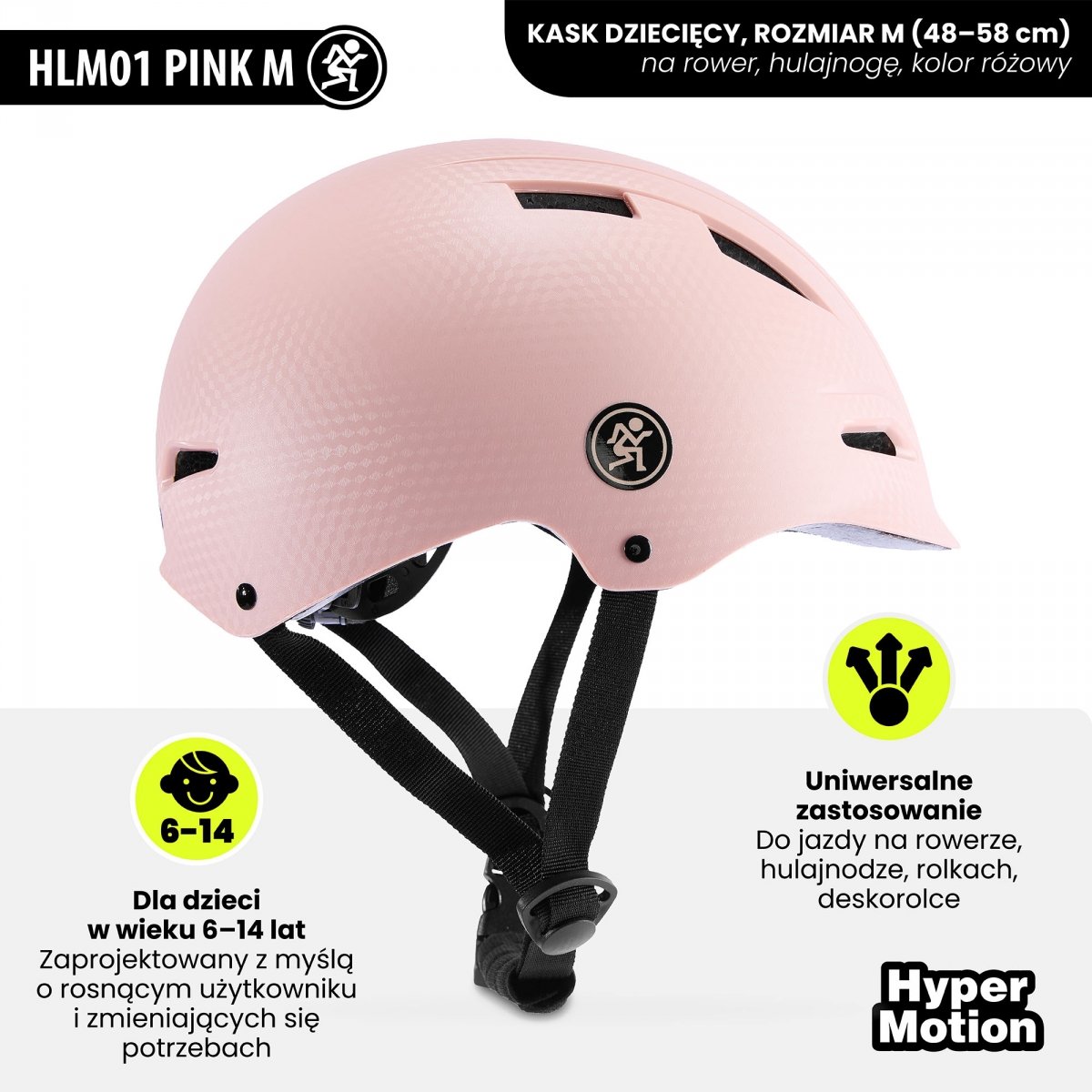Kask dziecięcy i młodzieżowy na rower, hulajnogę HyperMotion rozmiar M (48-58 cm), kolor różowy