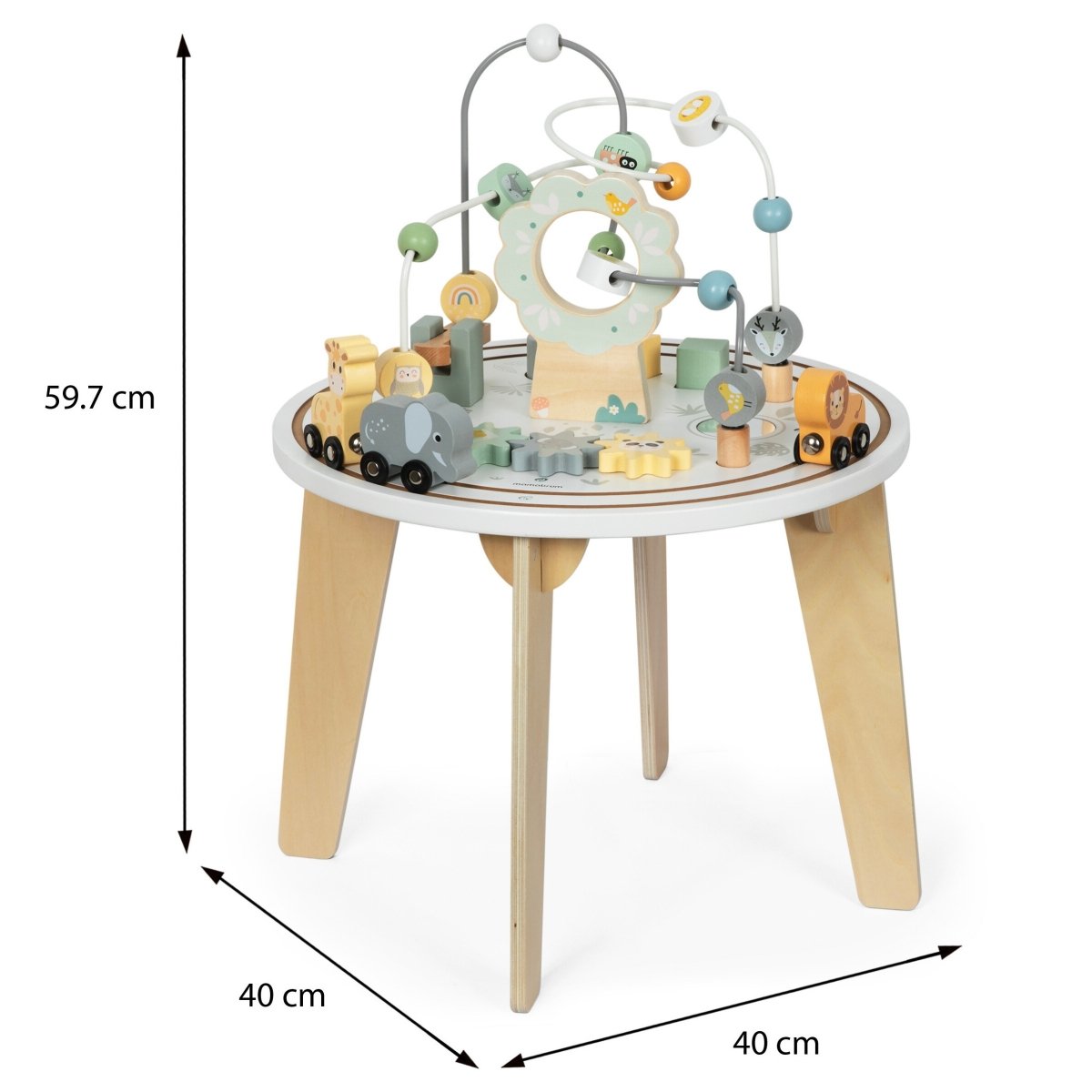 Drewniany okrągły stolik edukacyjny z magnetyczną kolejką i wyrzutnią do koralików