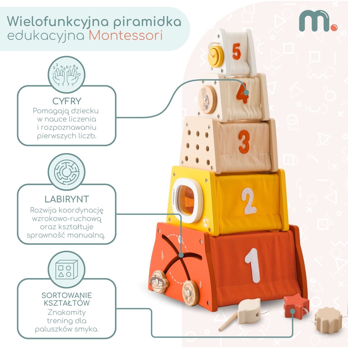 Drewniana piramidka edukacyjna Montessori - sorter kształtów, labirynt, cyfry