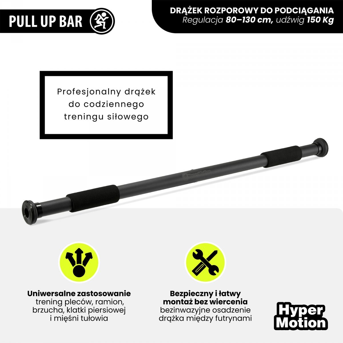 Drążek rozporowy do podciągania HyperMotion regulowany 80–130 cm, 150kg, czarny