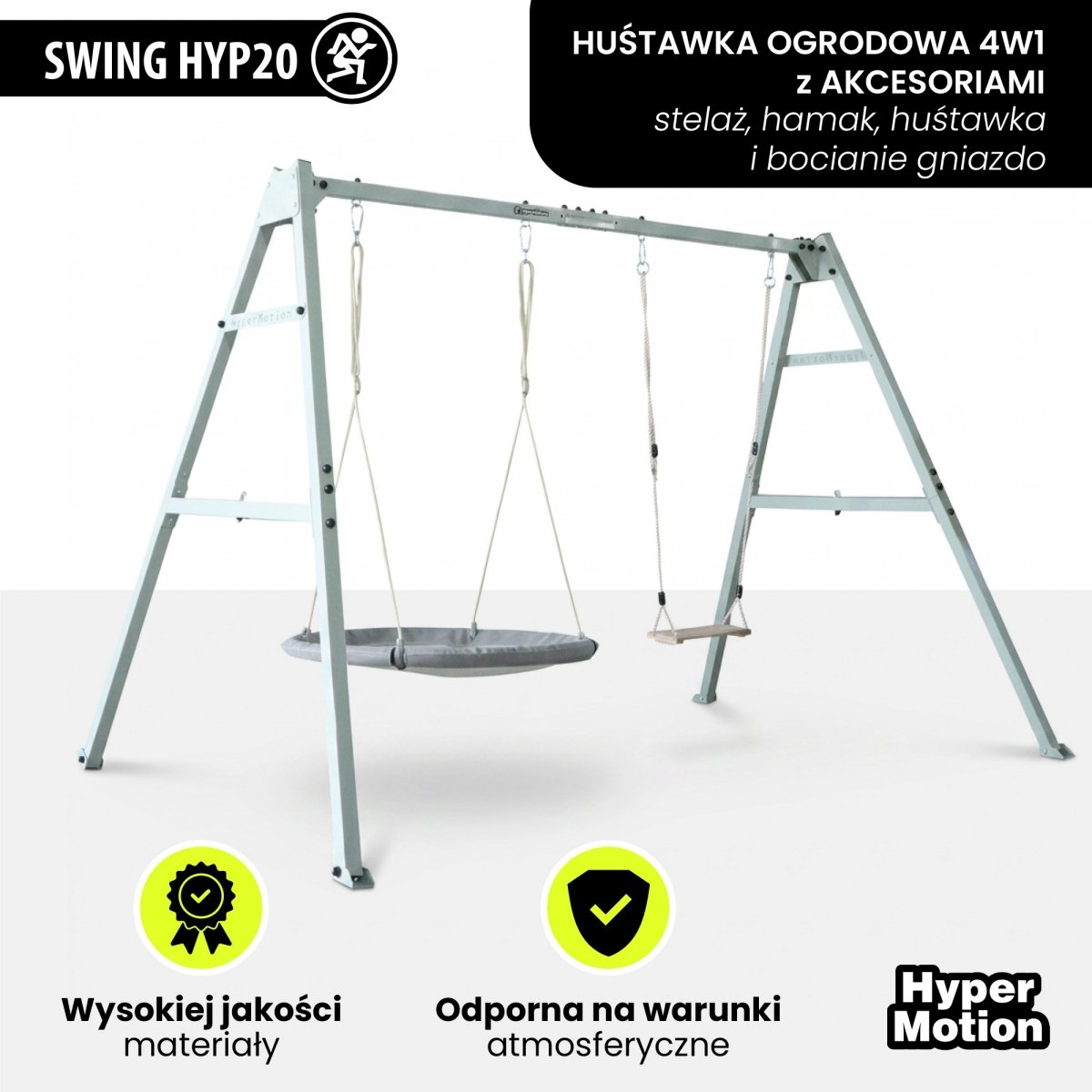 Huśtawka ogrodowa 4w1 HyperMotion – stelaż, hamak, huśtawka i bocianie gniazdo