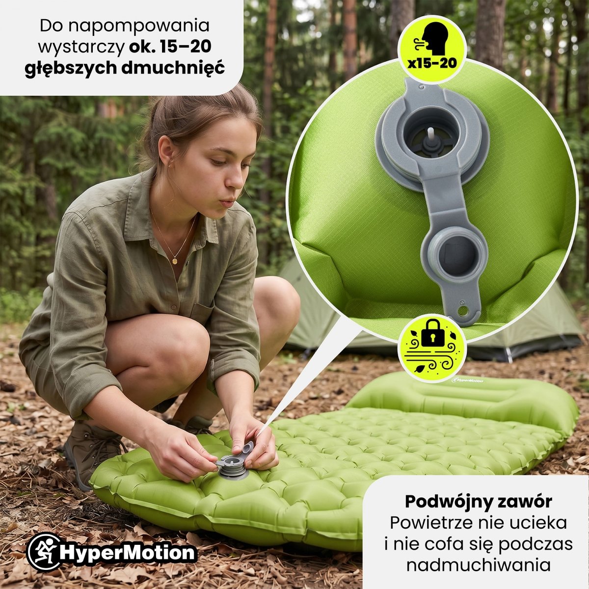 Ultralekki materac dmuchany jednoosobowy do spania na kemping i trekking HyperMotion Campmat – 190x56 cm – zielony