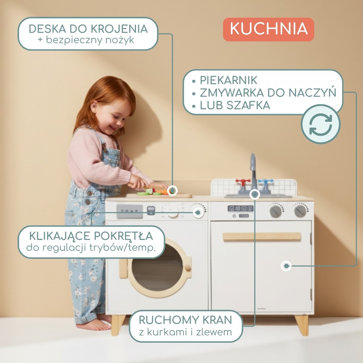 Drewniana pralnia i kuchnia - domowy zestaw 2w1 dla dzieci