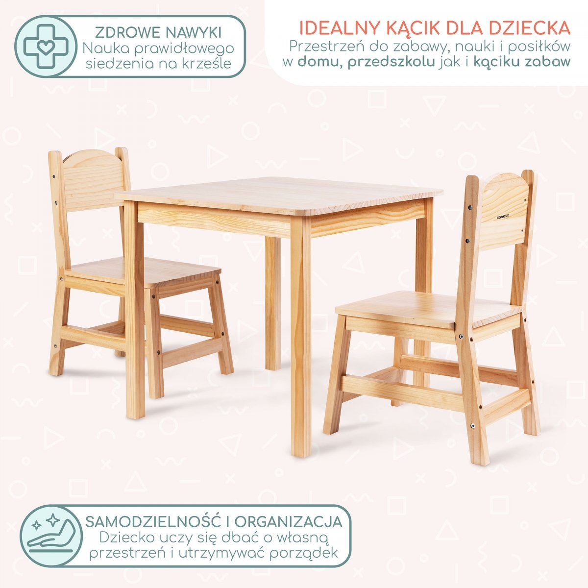 Drewniany stolik i 2 krzesełka - zestaw dla dzieci