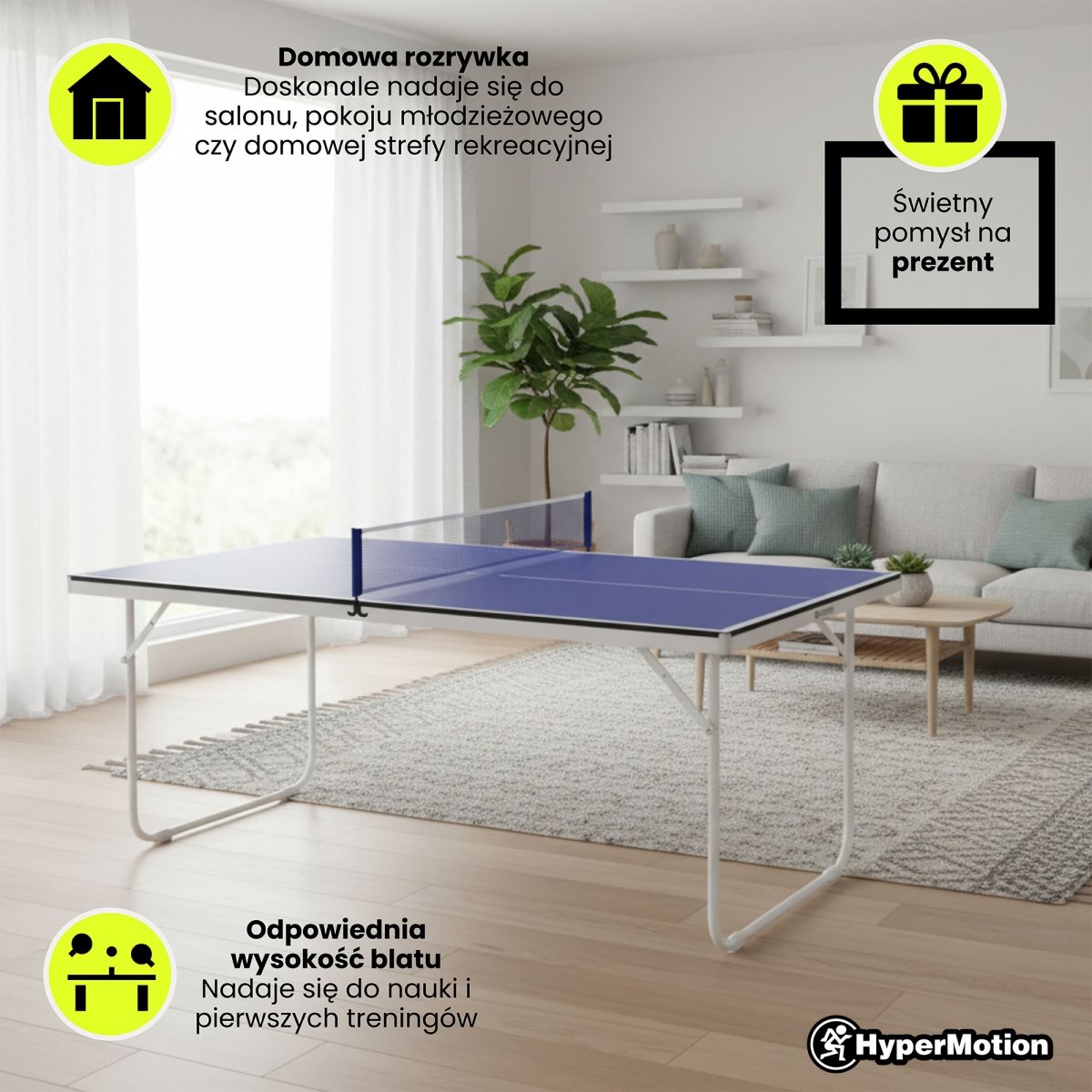 Przenośny, składany stół do ping ponga dla dzieci, Mini tenis stołowy HyperMotion do domowej gry rekreacyjnej 