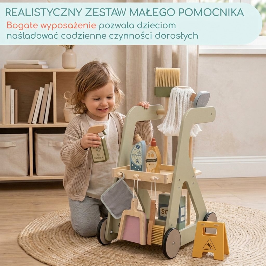 Drewniany wózek do sprzątania na kółkach dla dzieci