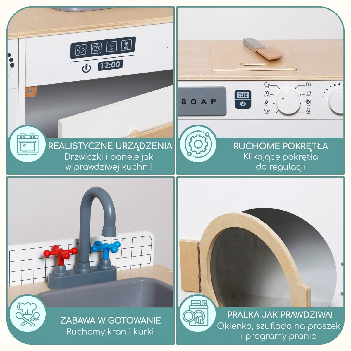 Drewniana pralnia i kuchnia - domowy zestaw 2w1 dla dzieci