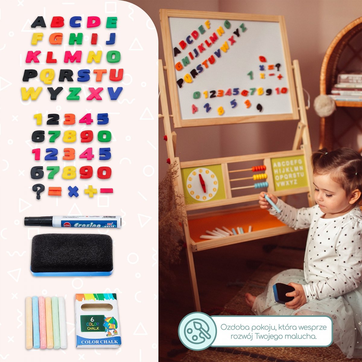 Duża tablica edukacyjna dwustronna: magnetyczna i kredowa - suchościeralna, drewniana