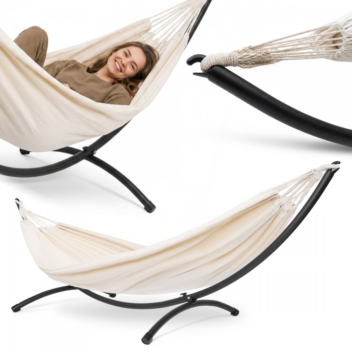 Zestaw hamak ogrodowy + stelaż metalowy łukowy – gotowa strefa relaksu