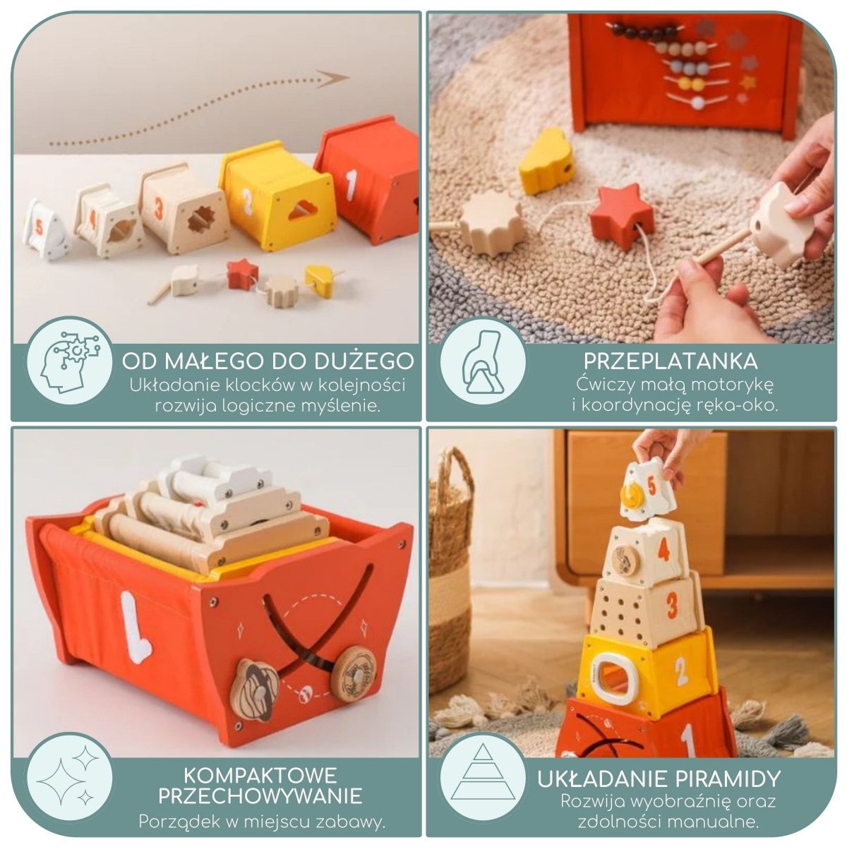 Drewniana piramidka edukacyjna Montessori - sorter kształtów, labirynt, cyfry