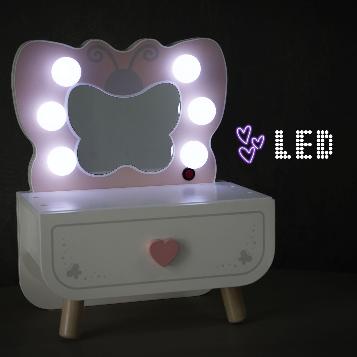 Drewniana mini toaletka z oświetleniem LED - Motylek