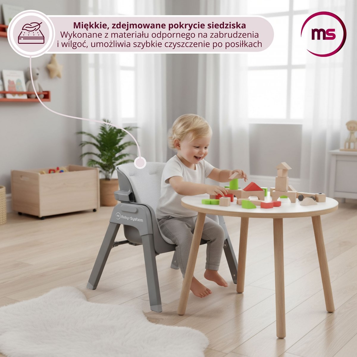 Składane krzesełko do karmienia Noxi 3w1, dwupoziomowe dla dziecka - Moby-System szare