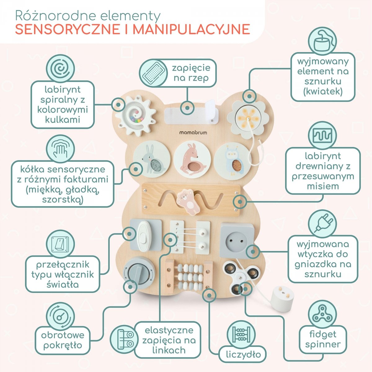 Drewniana tablica manipulacyjna Montessori Miś – sensoryczna nauka samodzielności: rzep, wtyczka, labirynt, klikające pokrętło