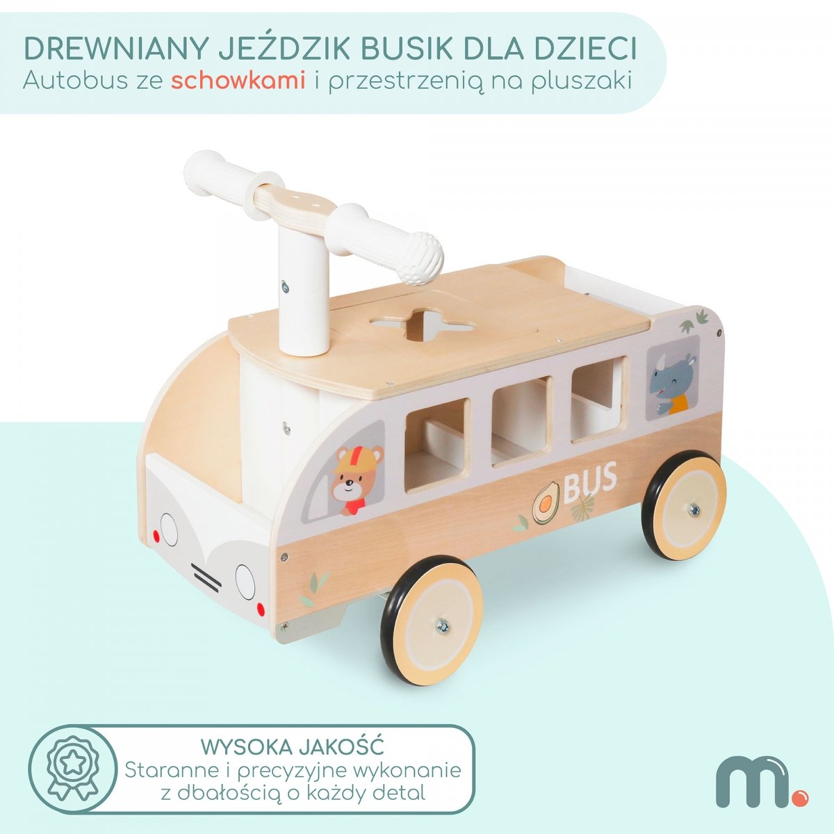 Drewniany jeździk Busik dla dzieci – Autobus z schowkami i przestrzenią na pluszaki