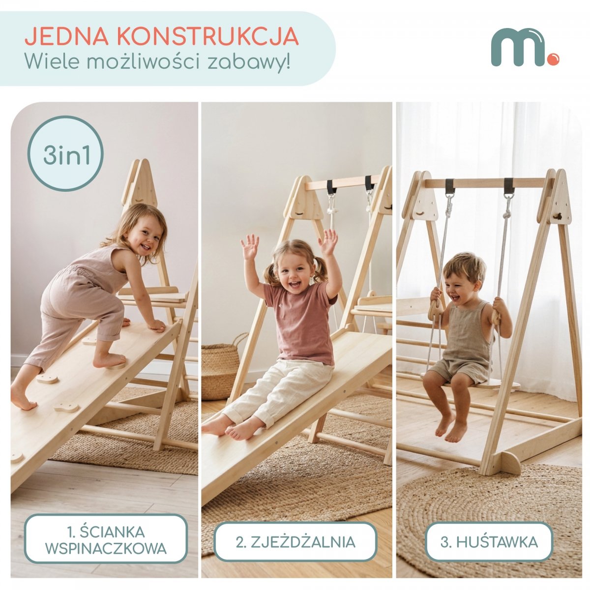 Drewniany domowy plac zabaw ze zjeżdżalnią, ścianką wspinaczkową i huśtawką
