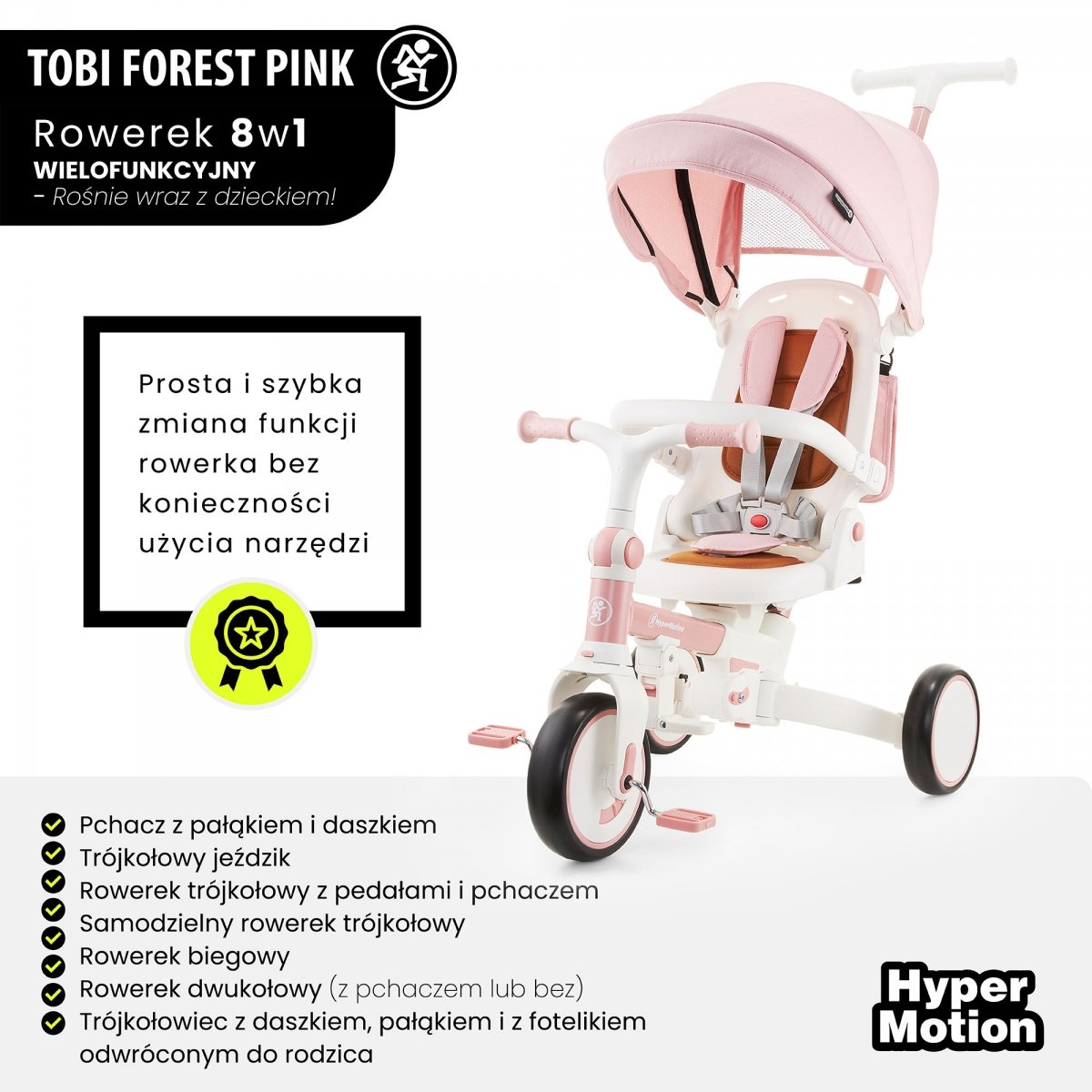 Rowerek trójkołowy 8w1 wielofunkcyjny TOBI FOREST - różowy