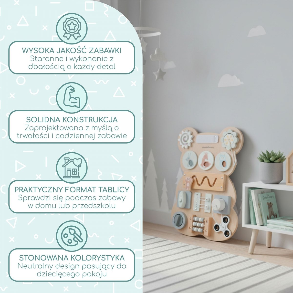 Drewniana tablica manipulacyjna Montessori Miś – sensoryczna nauka samodzielności: rzep, wtyczka, labirynt, klikające pokrętło