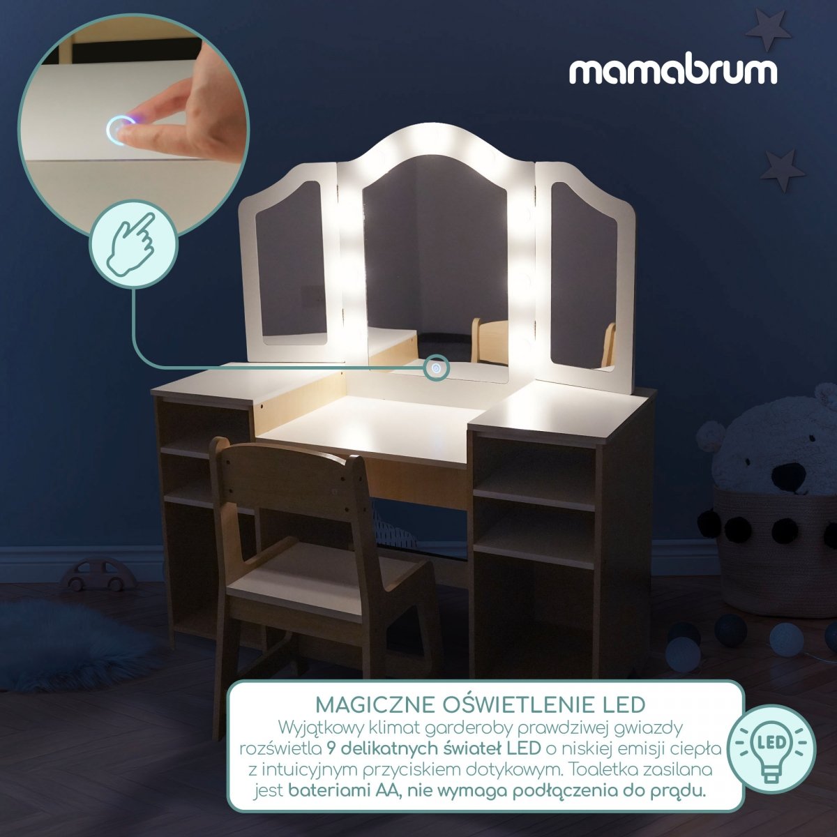 Drewniana toaletka dla dzieci z krzesłem, akcesoriami i oświetleniem LED