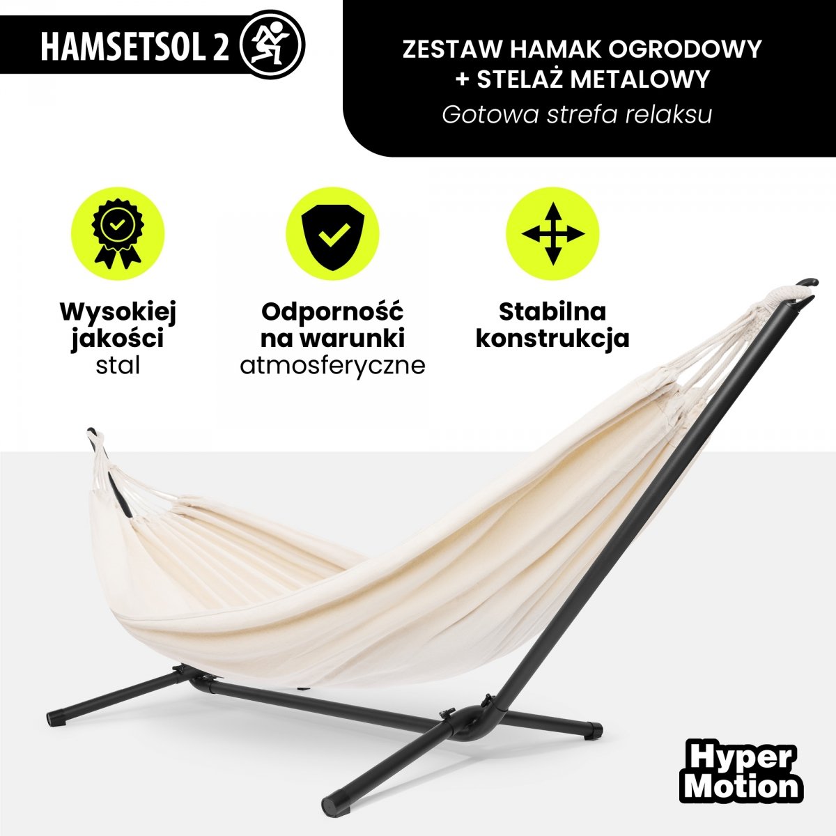 Zestaw hamak ogrodowy + stelaż metalowy – gotowa strefa relaksu
