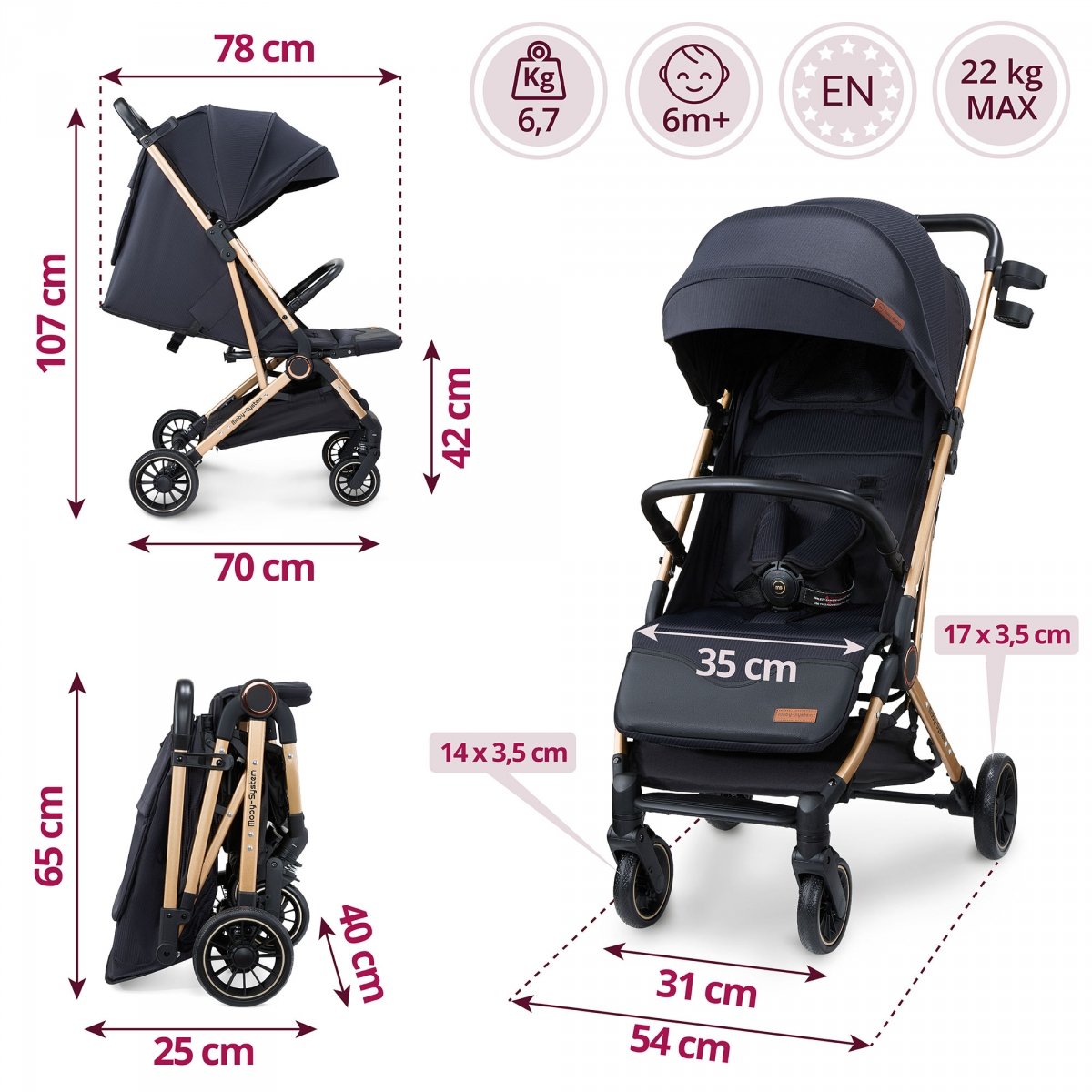 Wózek dziecięcy Spacerówka Moby-System LENA GOLD PRO z funkcją WALIZKI