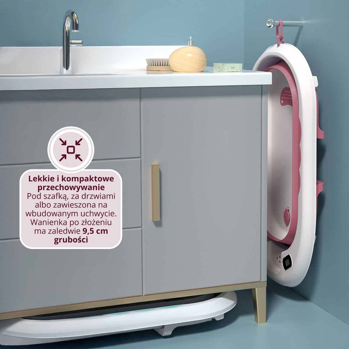 Składana wanienka dziecięca z termometrem, wkładką i stojakiem - kolor brudny róż