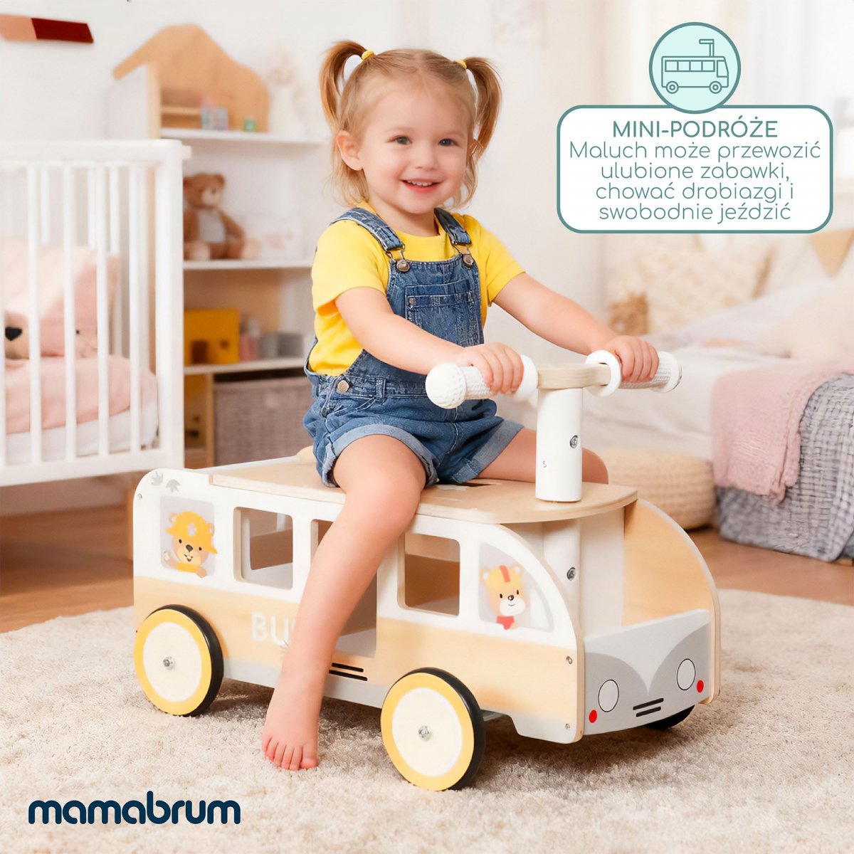 Drewniany jeździk Busik dla dzieci – Autobus z schowkami i przestrzenią na pluszaki