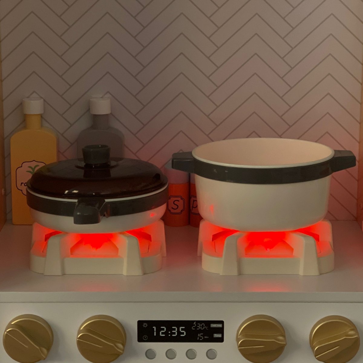 Duża, drewniana kuchnia interaktywna XXXL z oświetleniem LED, ekspresem do kawy oraz zestawem warzyw i owoców - 50 elementów