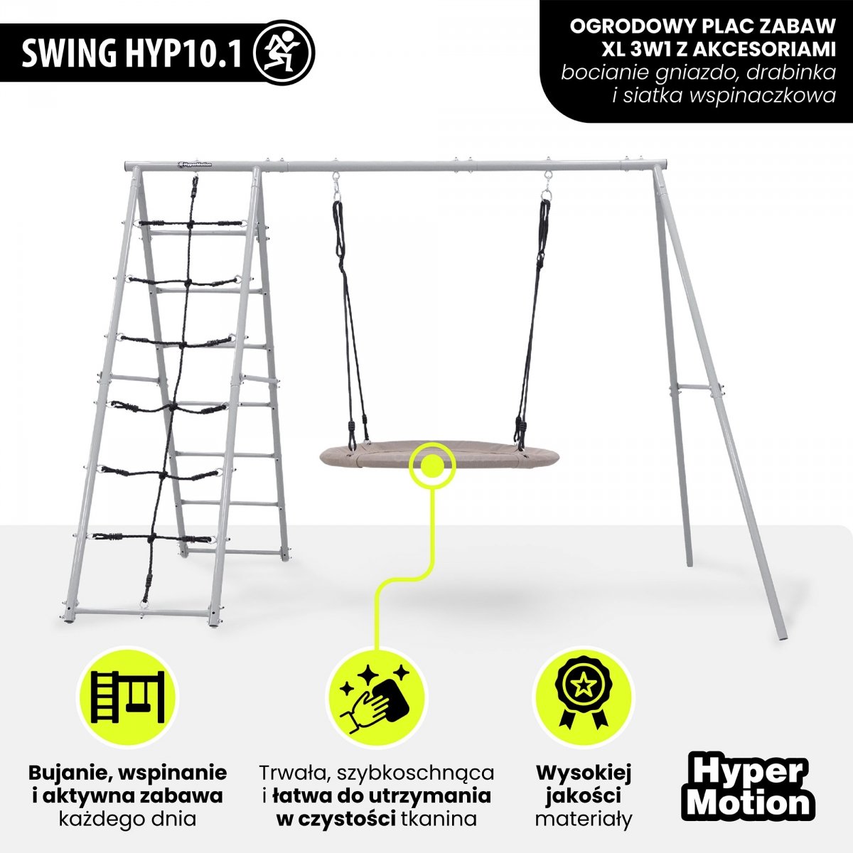 Ogrodowy plac zabaw XL 3w1 z bocianim gniazdem, drabinką i siatką wspinaczkową HyperMotion