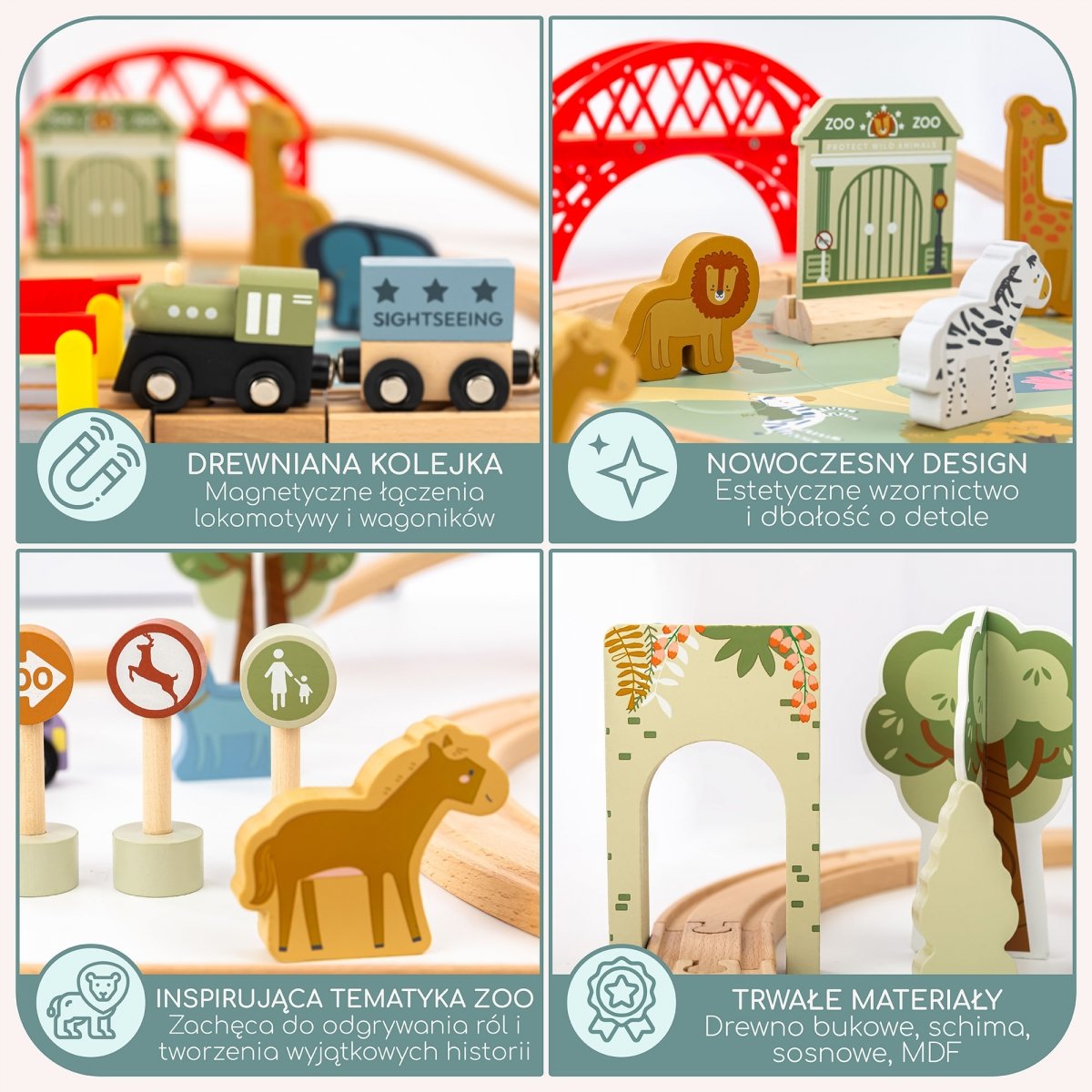 Drewniana kolejka ZOO – puzzle, pociąg, tory, zwierzęta, most, szlaban