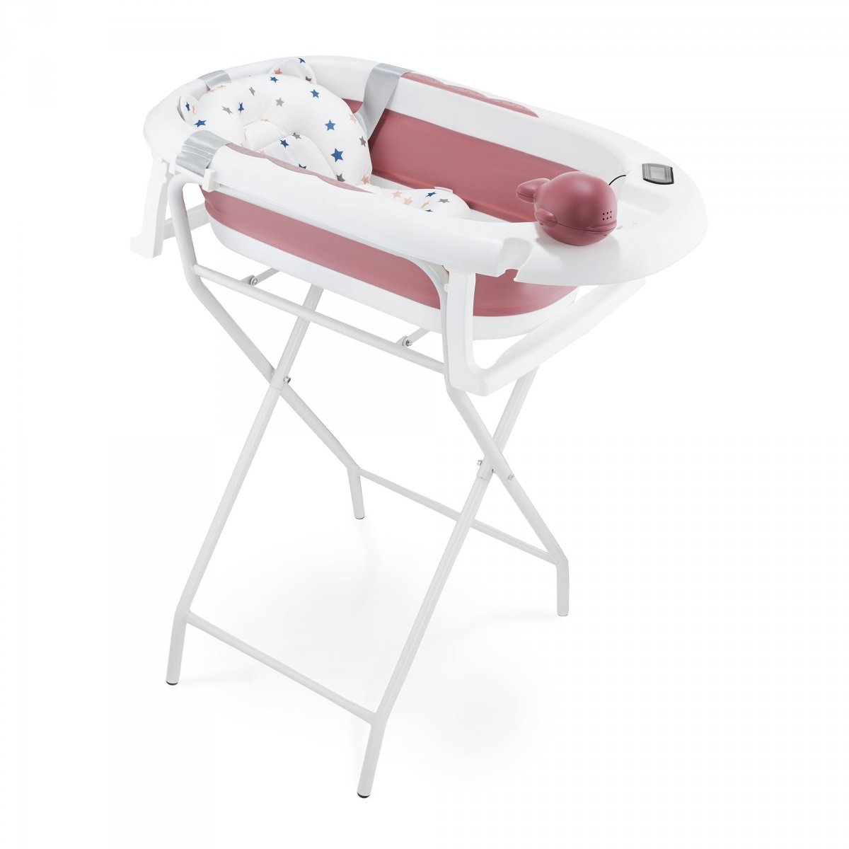 Składana wanienka dziecięca z termometrem, wkładką i stojakiem - kolor brudny róż